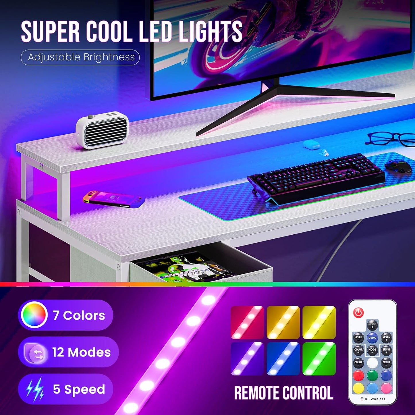 DUMOS 47" Gaming Desk with USB Charging Ports & LED Lights, Reversible L-Shaped Corner Computer Table for Small Spaces, Power Outlets, Monitor Stand & Storage Shelves Included, White