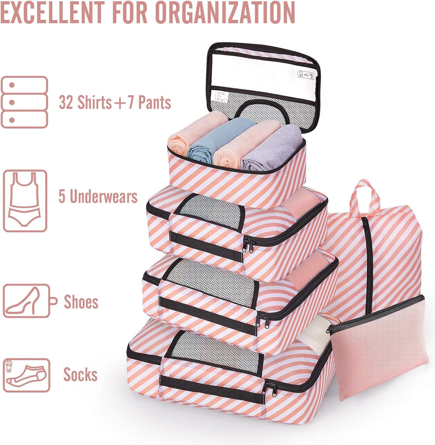 Veken 8 Set Packing Cubes for Travel Essentials, Suitcase Organizer Bags in 4 Sizes, Carry-On Luggage Accessories with Laundry Bag, Airplane Must Have, Gifts for Women Men