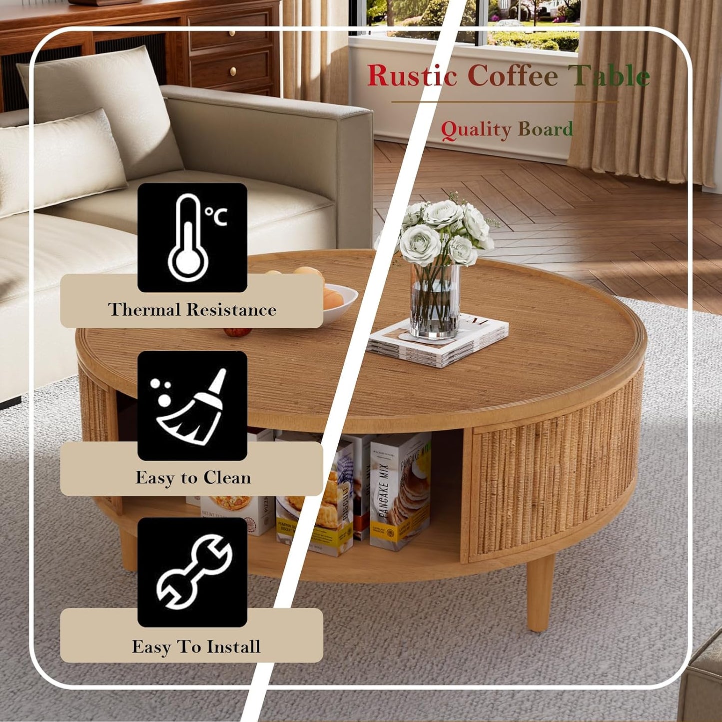 30.5in Rustic Round Coffee Table with Storage (Bamboo Woven 30.5in) | Circular Farmhouse Bamboo Center Tables with Anti-Skid Solid Wood Legs, for Living Room