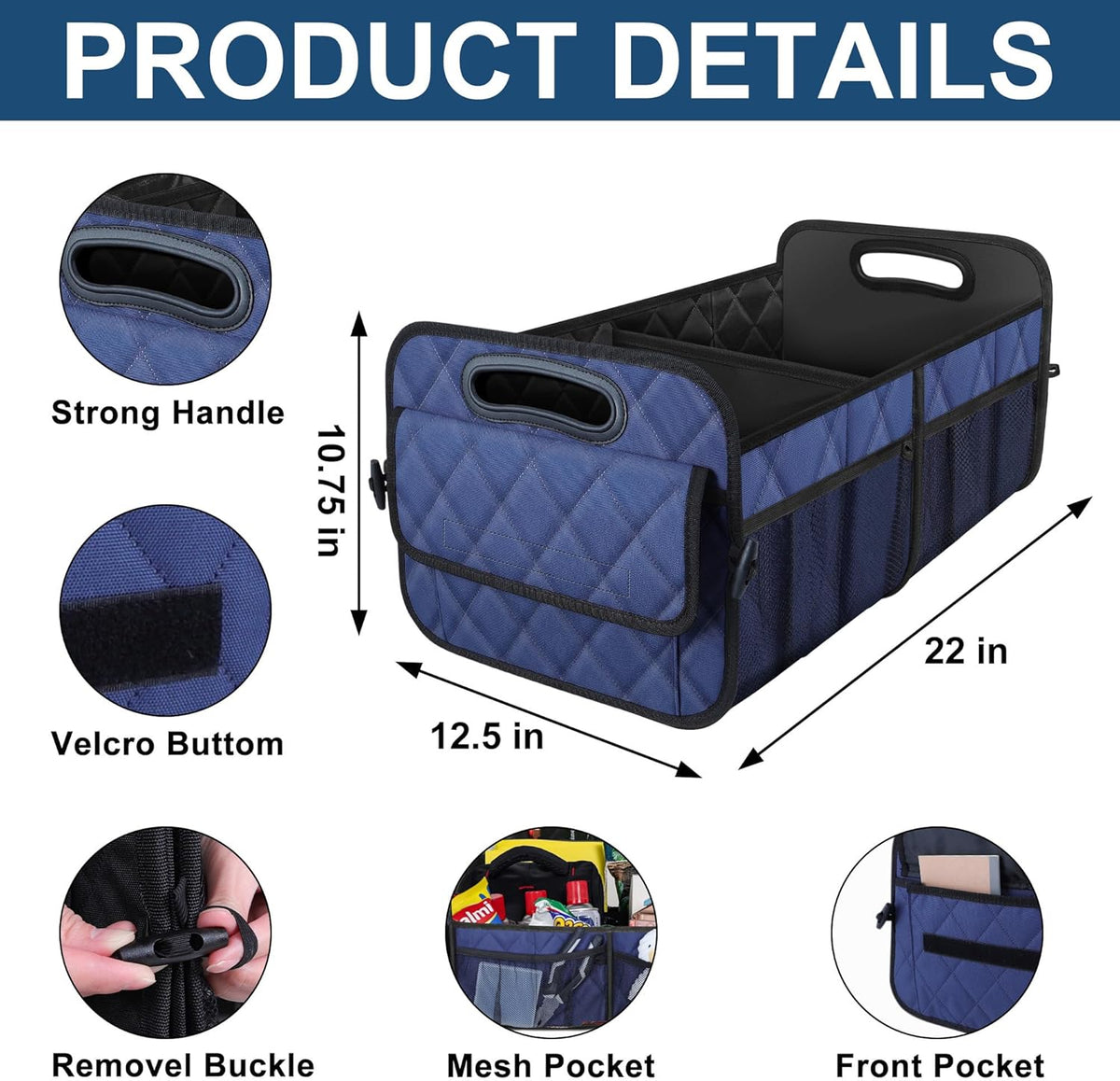 Deosk Car Trunk Organizer for SUV, Car Organizers and Storage with Reinforced Handles, Car Accessories for Women/Men 50L Waterproof Polyester Trunk Organizer(Medium, Dark Blue)