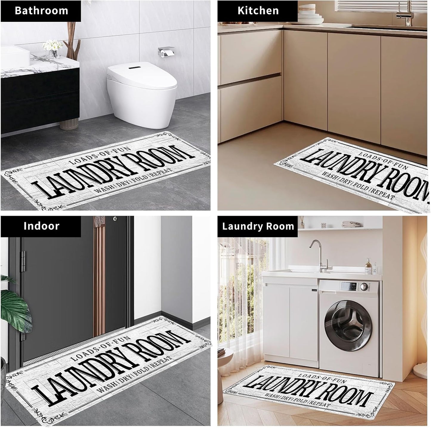 Non-Slip Rubberback Laundry Room Rug Runner 20''x47'' - Kitchen Farmhouse Decor Floor Laundry Mats for Mudroom and Bathroom Carpet Machine Washable Waterproof, White