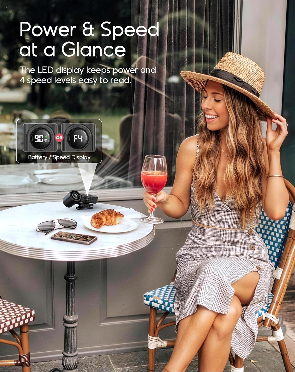 Portable Clip-On Mini Fan, Hands-Free, Turbo Personal Handheld Fans Rechargeable w/ 4 Wind & LED Display, Pocket Size Summer Essentials for Travel/EyeLash/Beach/Concert, Gifts for Women Men(Black)