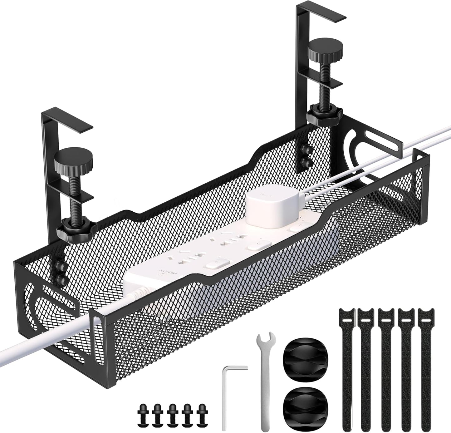 Under Desk Cable Management Tray, No Drill Mesh Cable Tray Cord Organizer | Wire Management Tray Cable Management Rack, Cable Management Box (Black)