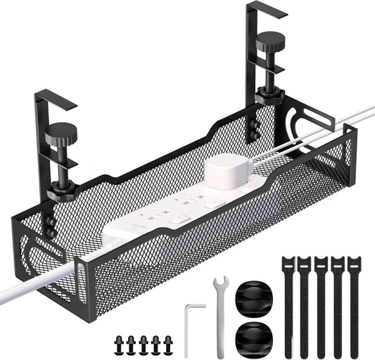 Under Desk Cable Management Tray, No Drill Mesh Cable Tray Cord Organizer | Wire Management Tray Cable Management Rack, Cable Management Box (Black)