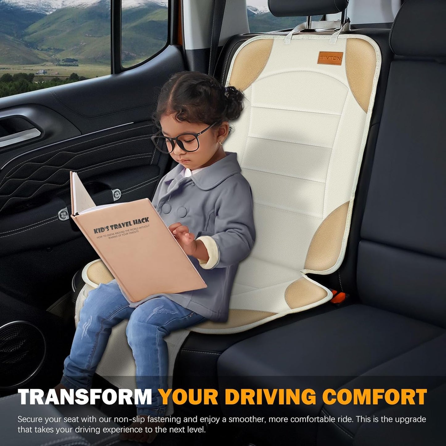 Siivton Car Seat Protector for Child Car Seats, Waterproof 600D Fabric Car Seat Cover, Non-Slip Backing, Thick Padding, Mesh Pockets for Storage, Protects Leather & Fabric Upholstery (Off-White)
