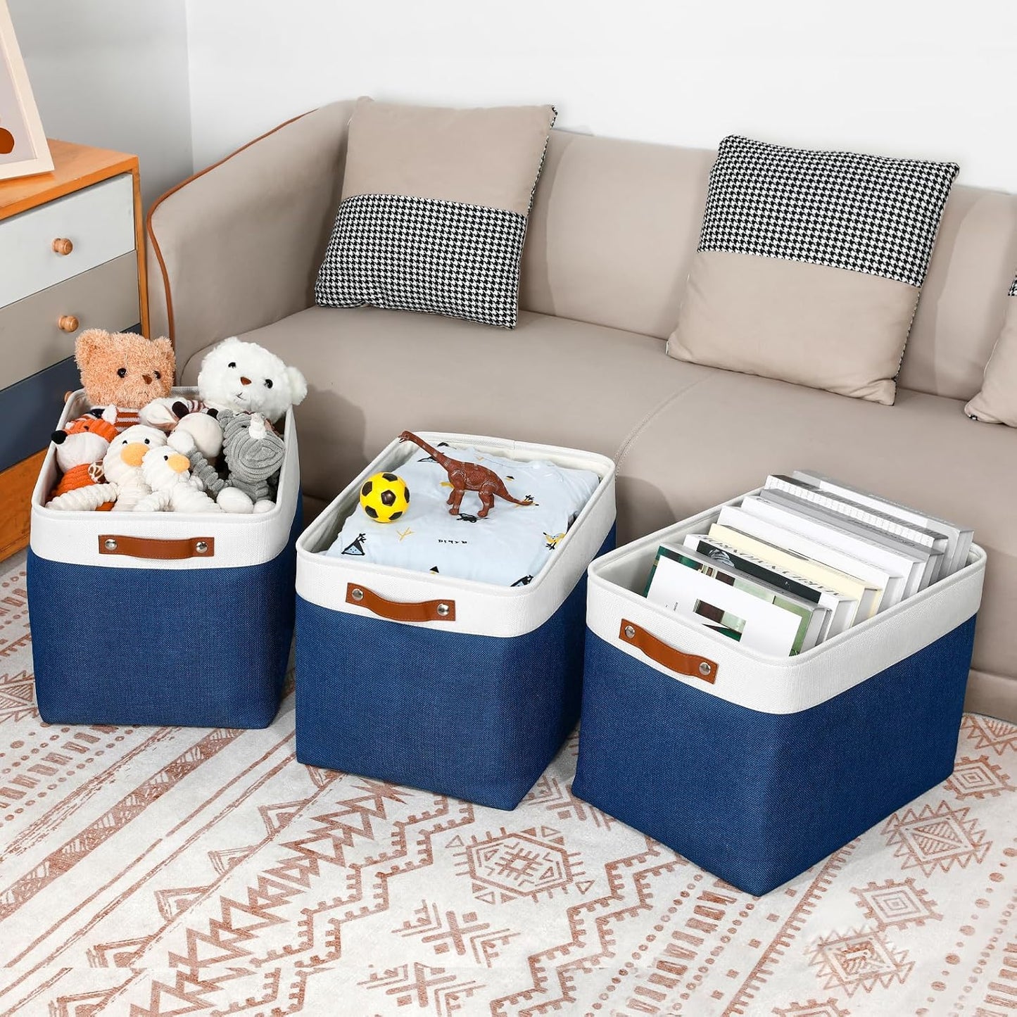 DULLEMELO Large Storage Baskets, Fabric Storage Bins for Organizing Foldable Linen Shelf Baskets for Clothes, Toys, Closet, Laundry (White&Blue,16"x12"x12"-1 Pack)