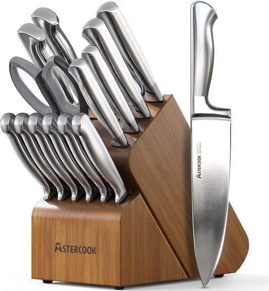 Astercook Knife Set, 15 Piece German Steel Kitchen Knife Set with Built-in Sharpener, One-Piece Knife Block Set Rust-Resistant Dishwasher Safe Block Knives Set for Cooking & Gift (Walnut Brown)