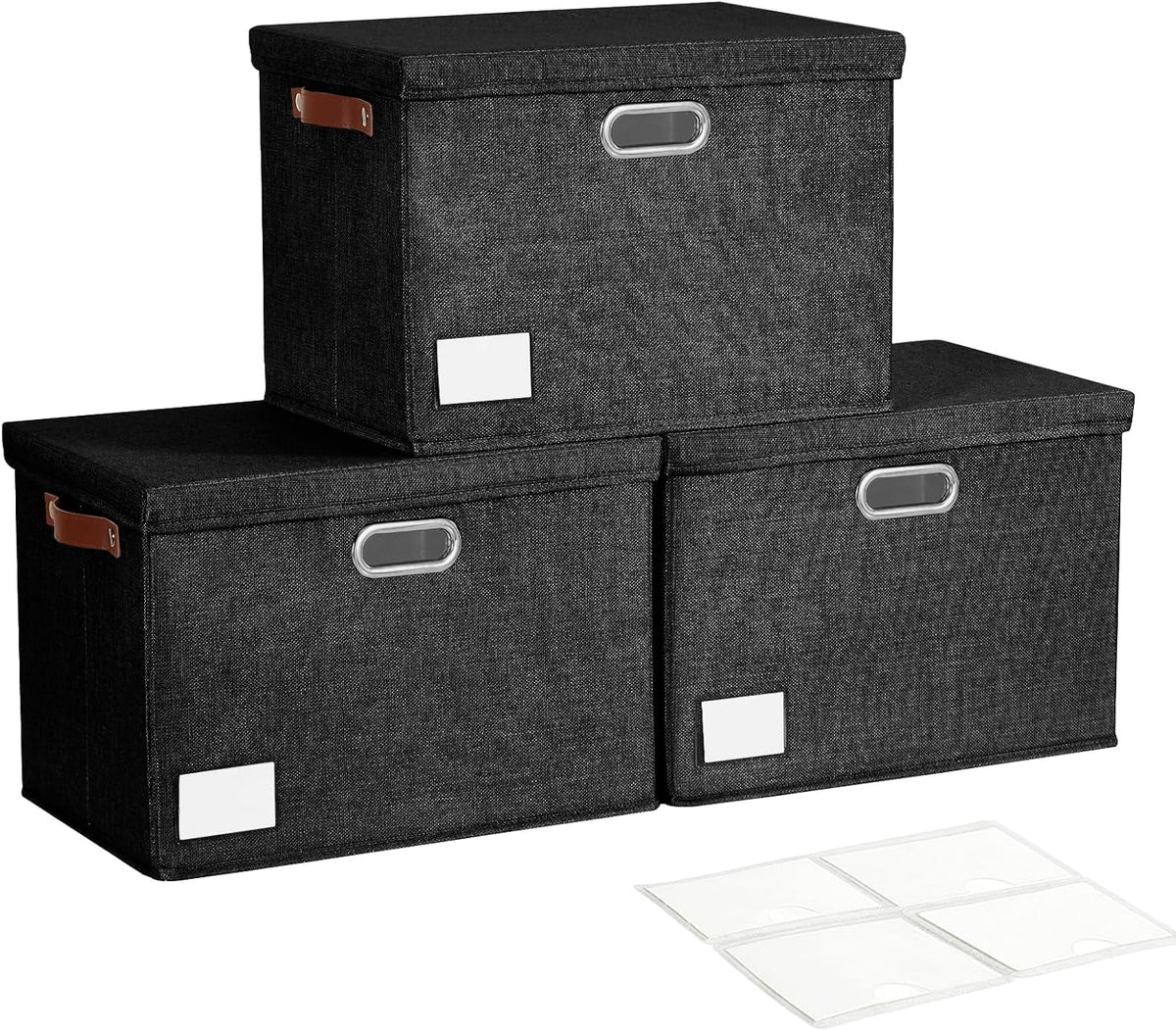 Roobyl 17" Large Fabric Storage Box with Lids, 3-Pack, Black
