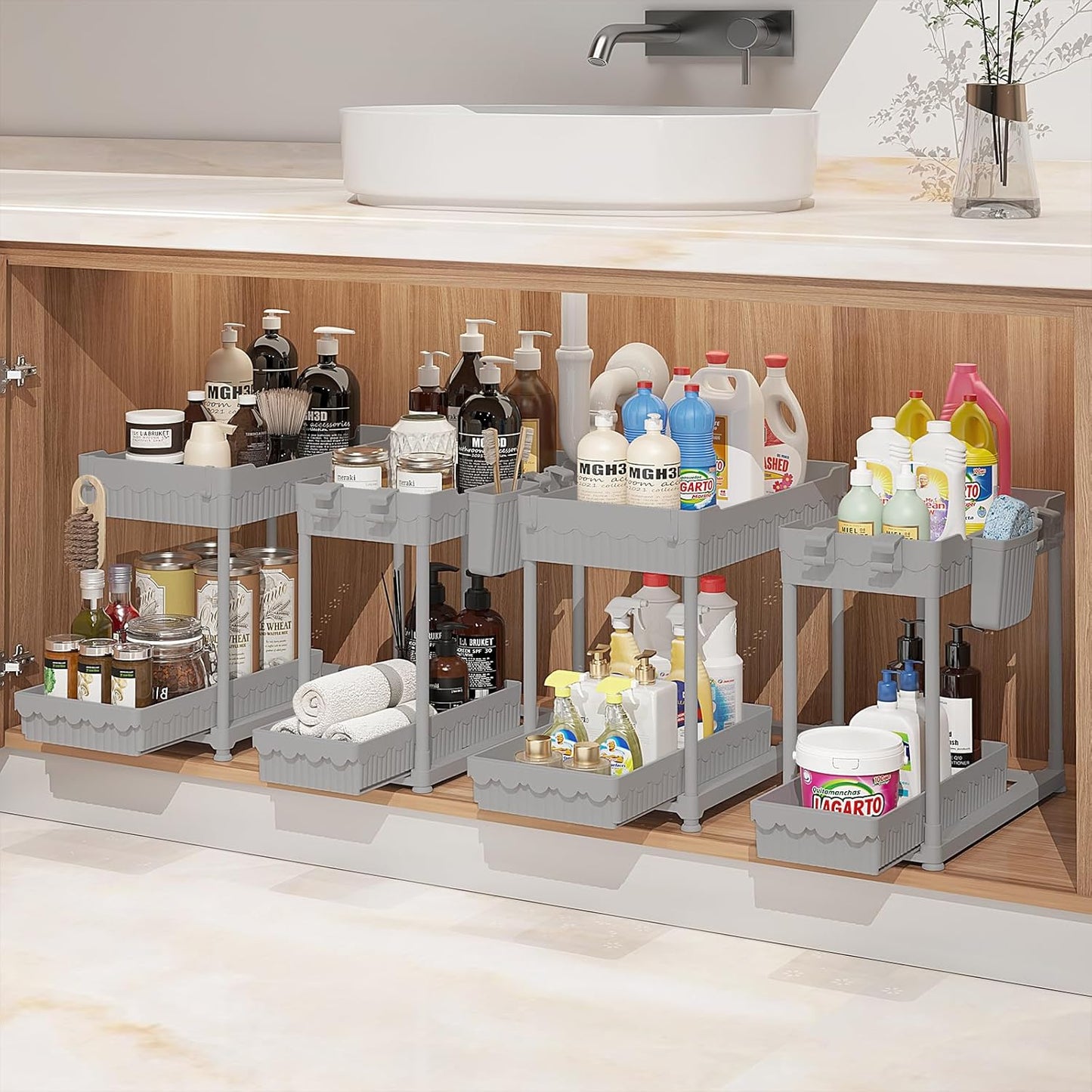 Sevenblue Under Sink Organizer, Bathroom Organizers and Storage, 2 Tier Multi-Use Pull Out Cabinet Organizer with Hang Hooks and Cups (Gray, 4 Pack)