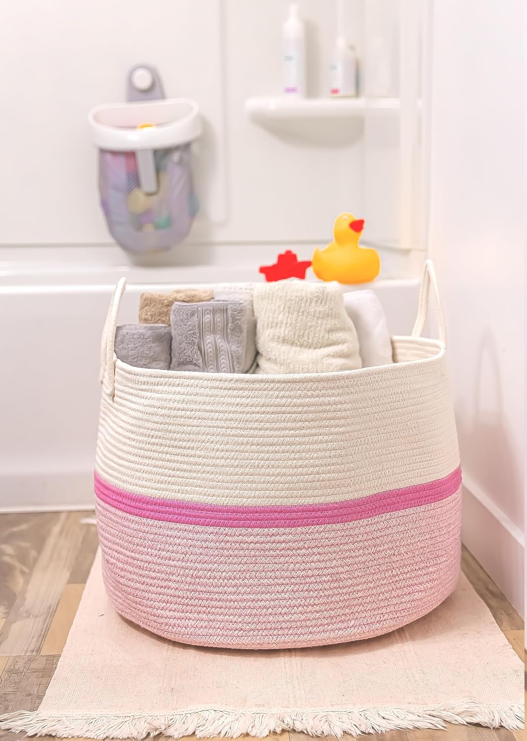 OrganiHaus Round Toy Basket & Blanket Basket, Cotton Rope 20x13" | Striped Pink - Round Cotton Rope Basket, 20x13"