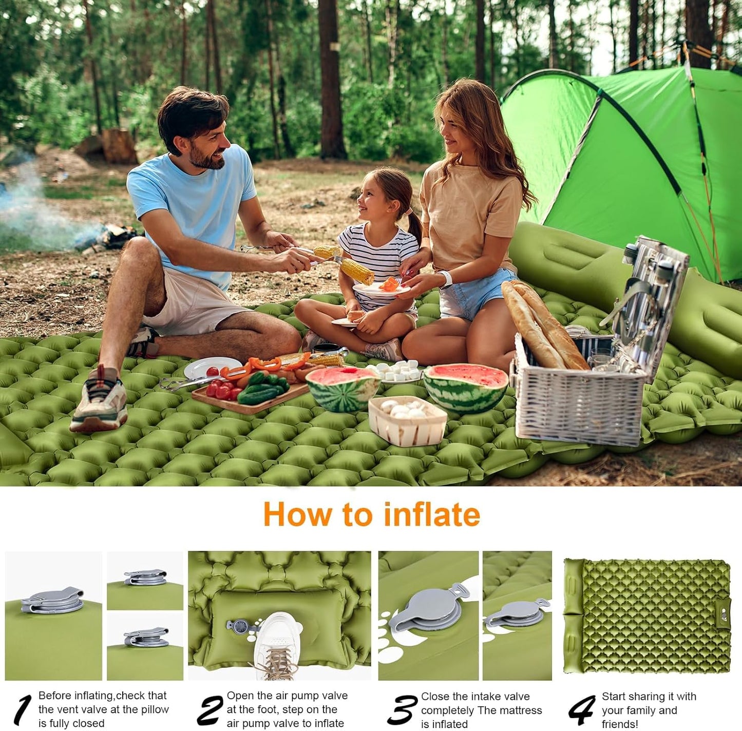 Double Sleeping Pad, Ultralight 4" Extra-Thick Self Inflating Sleeping Mat for 2 Person with Pillow Built-in Foot Pump Portable Camping Mat for Backpacking, Hiking, Traveling, Tent, Camping