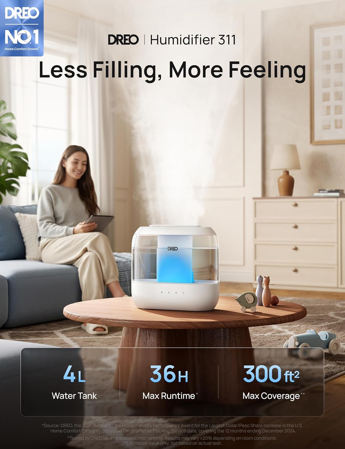 Dreo Humidifiers for Bedroom, 4L Top Fill for Large Room, 36H Runtime, 28 dB Quiet Supersized Cool Mist Air Humidifier for Baby Nursery, Plants, Indoor, Night Light, Easy to Clean & Fill, White