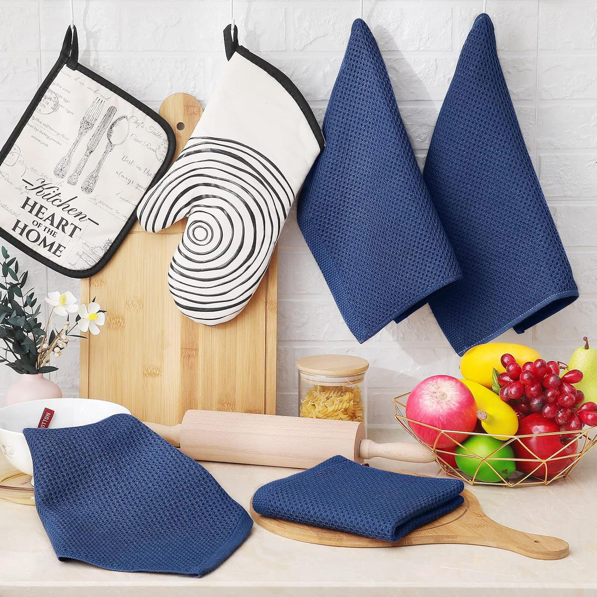 Homaxy 100% Cotton Waffle Weave Kitchen Dish Cloths 12-Pack, Navy Blue