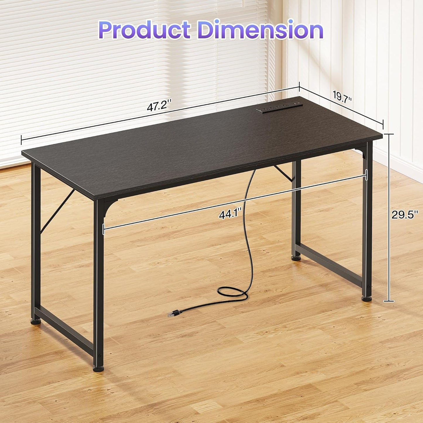 PRAISUN 47 X 20 Inch Office Computer Desk with Power Outlets and USB-C Port, Larger Gaming Desk, for Home Office, Study, Bedroom, Writing Work from Home Table, Metal Frame, Black