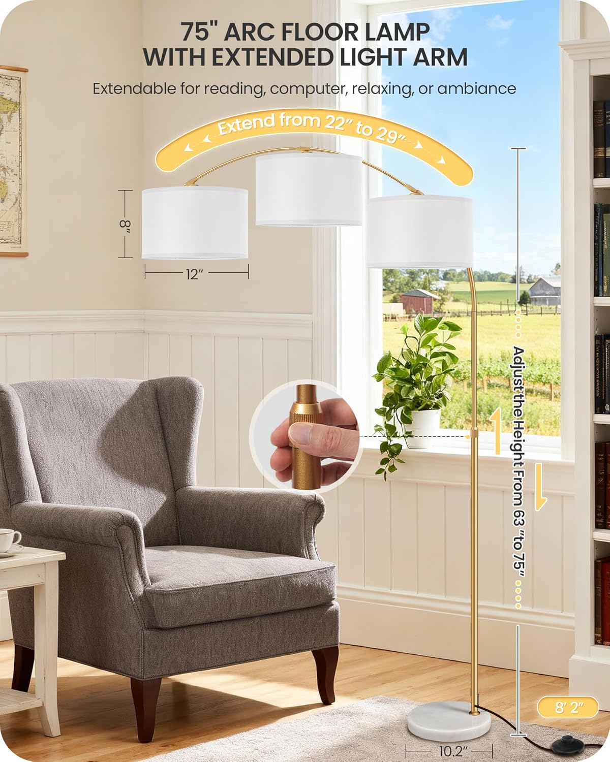 75" Arc Floor Lamp with Marble Base and Adjustable Height, Rotating Hanging Shade, Dimmable Floor Lamp for Living Room with Remote and Foot Switch, 3CCT, Over Couch Arched Light, White Gold DW15LD05