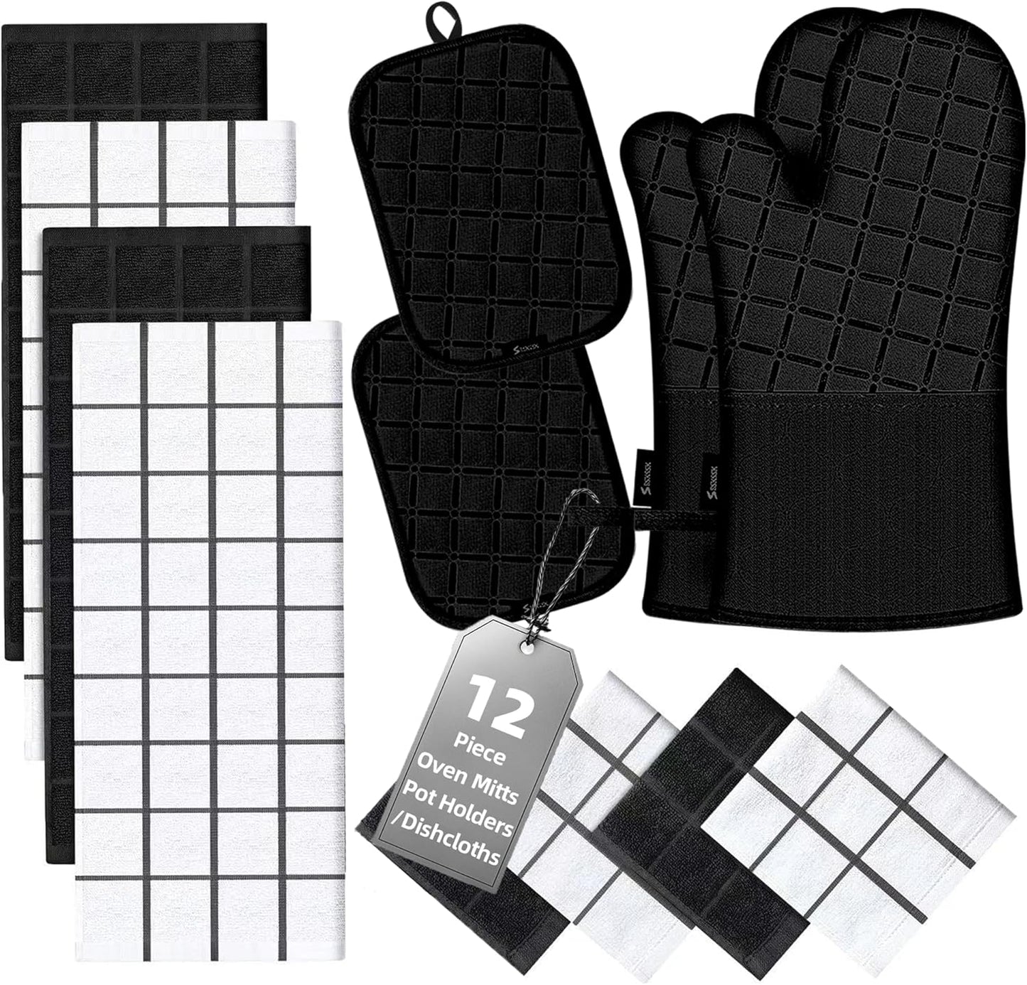 Oven Mitts Kitchen Towels and Dishcloths Pot Holders Sets, Oven Gloves Kitchen Dish Towels 500 Degree Heat Resistant Potholders with Non-Slip Silicone Surface for Cooking, Grilling, Baking-Black