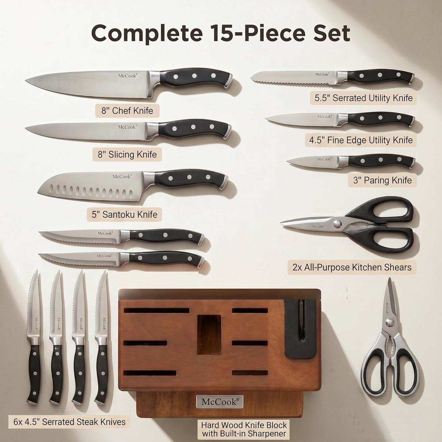 McCook® Knife Sets, German Stainless Steel Kitchen Knives Set with Built-in Sharpener and Wooden Block