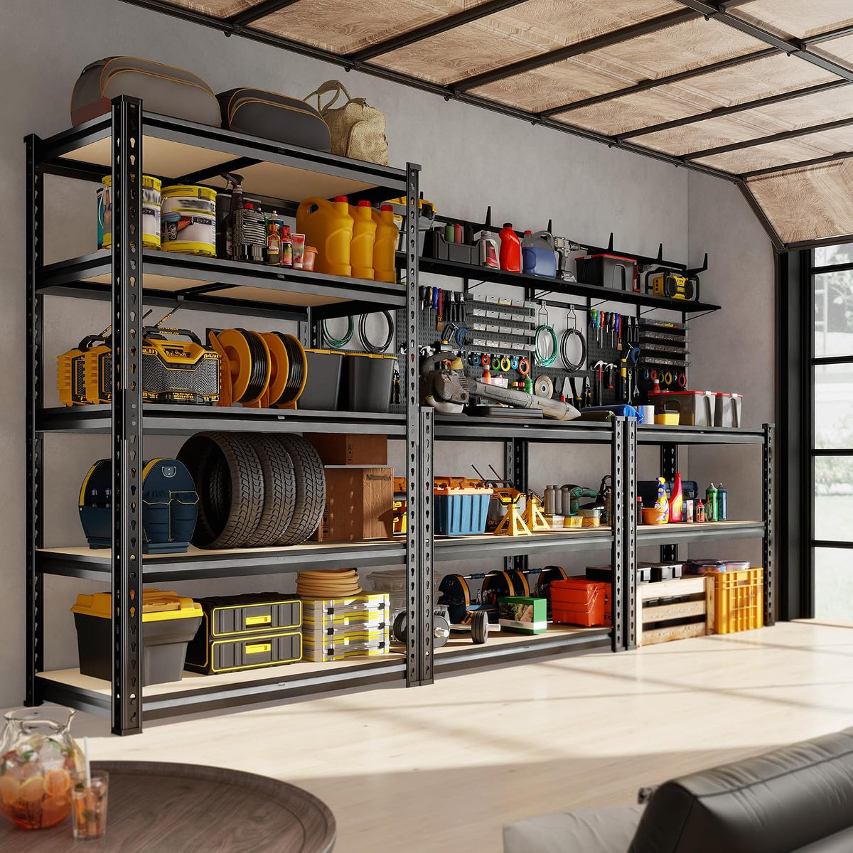 DurayLoly 72.12" H Garage Shelving, Storage Shelves Load 2100LBS, 5-Tier Adjustable Shelving Unit with Thickened Wooden Boards for Multiple Scenarios, 72.12" H x 35.55" W x 11.85" D, Black, 4 Pack