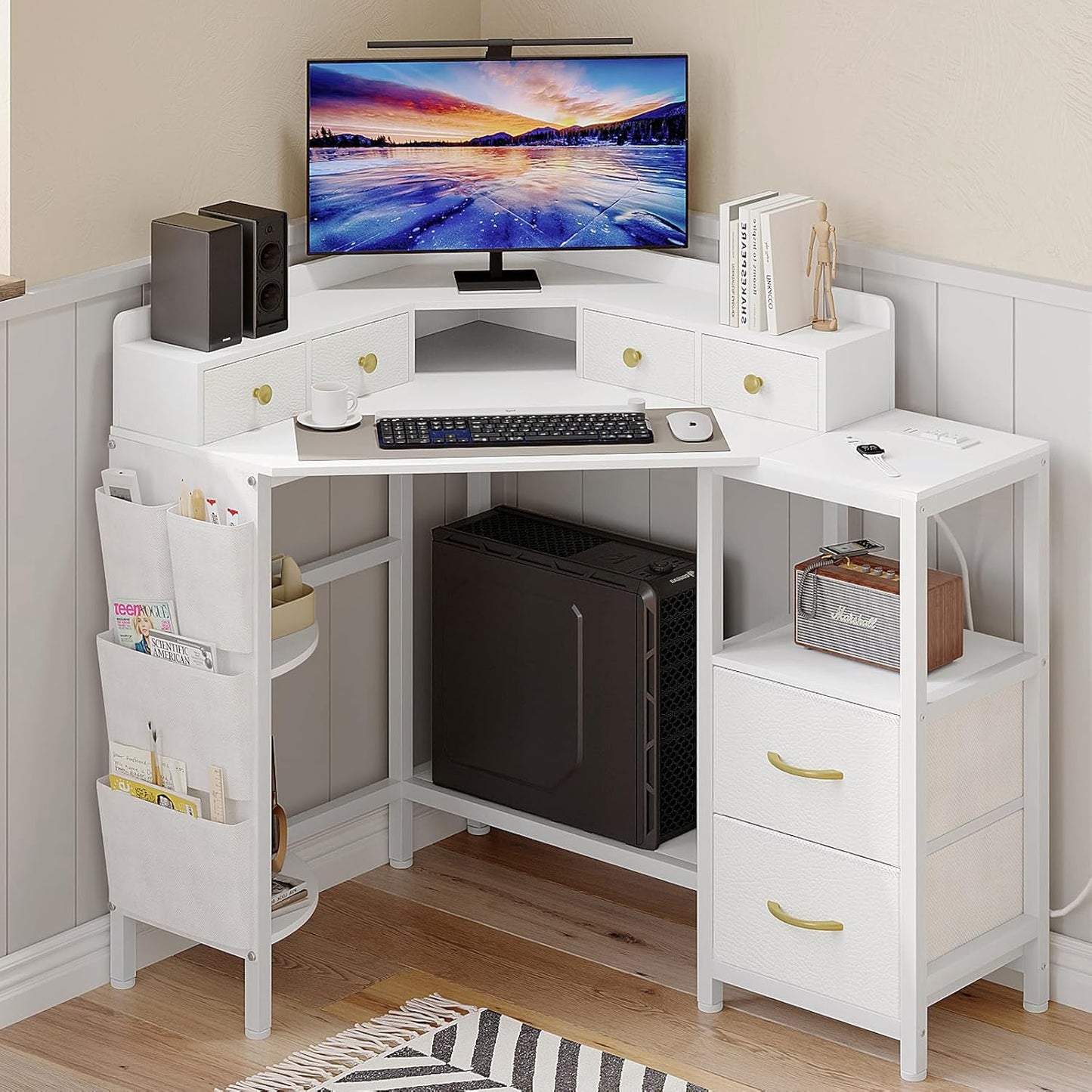 VENNQD Corner Desk with 6 Fabric Drawers Shelves for Small Space Computer Desk with Power Outlets,Gaming Desk with Printer Monitor Stand Storage for Home Office Workstation Writing Table Brown