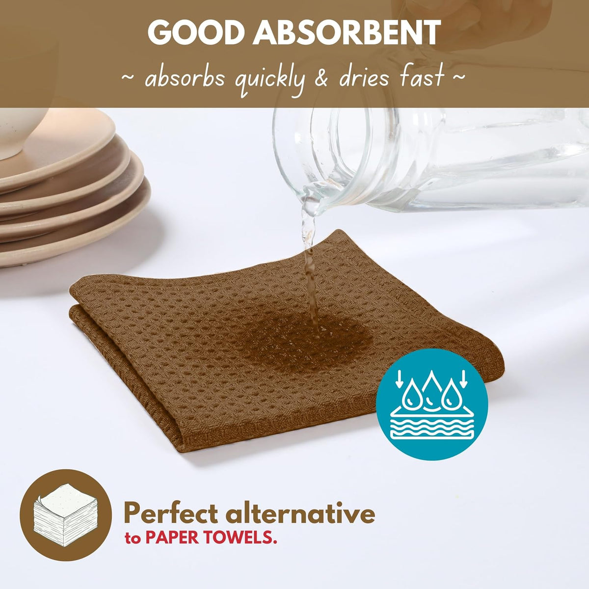 Native Fab Waffle Weave Dish Towels 12 Pack 100% Cotton, 16x26 Inches, Super Absorbent, Quick Dry, Waffle Knit Dishcloths with Hanging Loop, Washable for Kitchen Cleaning, Drying Dishes, Brown