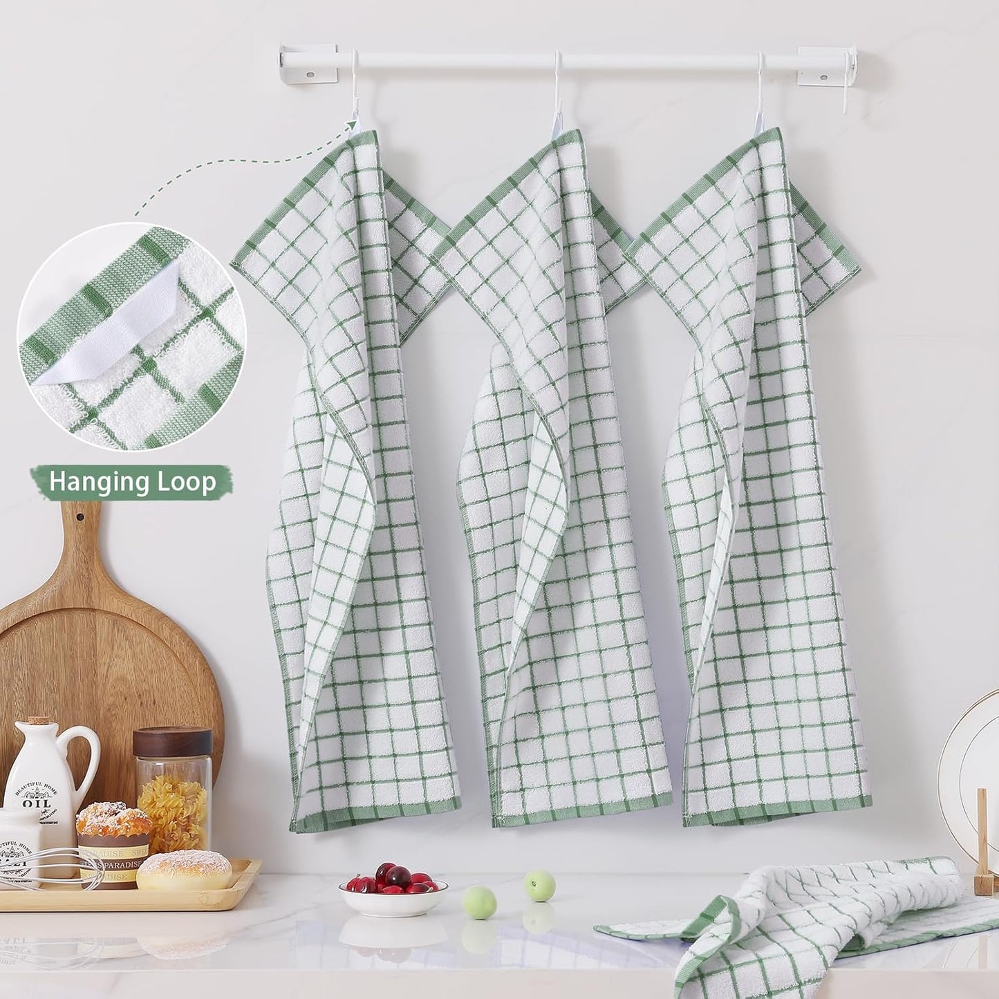 Homaxy Premium Kitchen Towels(16”x 28”, 6 Pack), Large Ring Spun Cotton Dish Towels, Super Absorbent Soft Terry Kitchen Hand Towels, Check Design Tea Towel Set with Hanging Loop, Grass Green