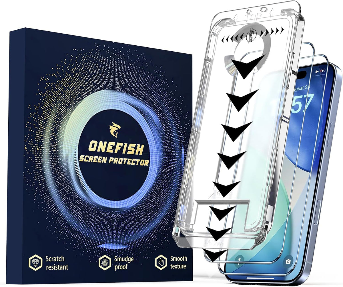 OneFish Screen Protector for Iphone 15 Pro Max, HD Clarity Tempered Glass Film 9H+ Hardness with Hassle-Free Installation Frame, Dust-Free Bubble-Free Anti-Fingerprint, 2Pack