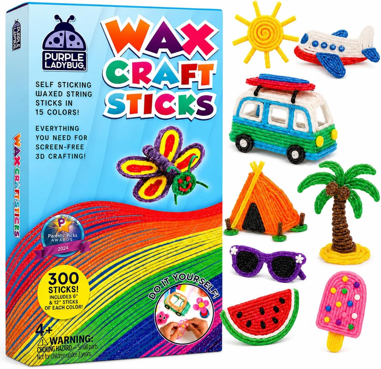 PURPLE LADYBUG 300 PCS Bendable Wax Craft Sticks - Road Trip Essentials Kids, Travel Games & Travel Toys for Toddlers in Car, Airplane Activities for Kids Ages 4-8, Camping & Summer Essentials