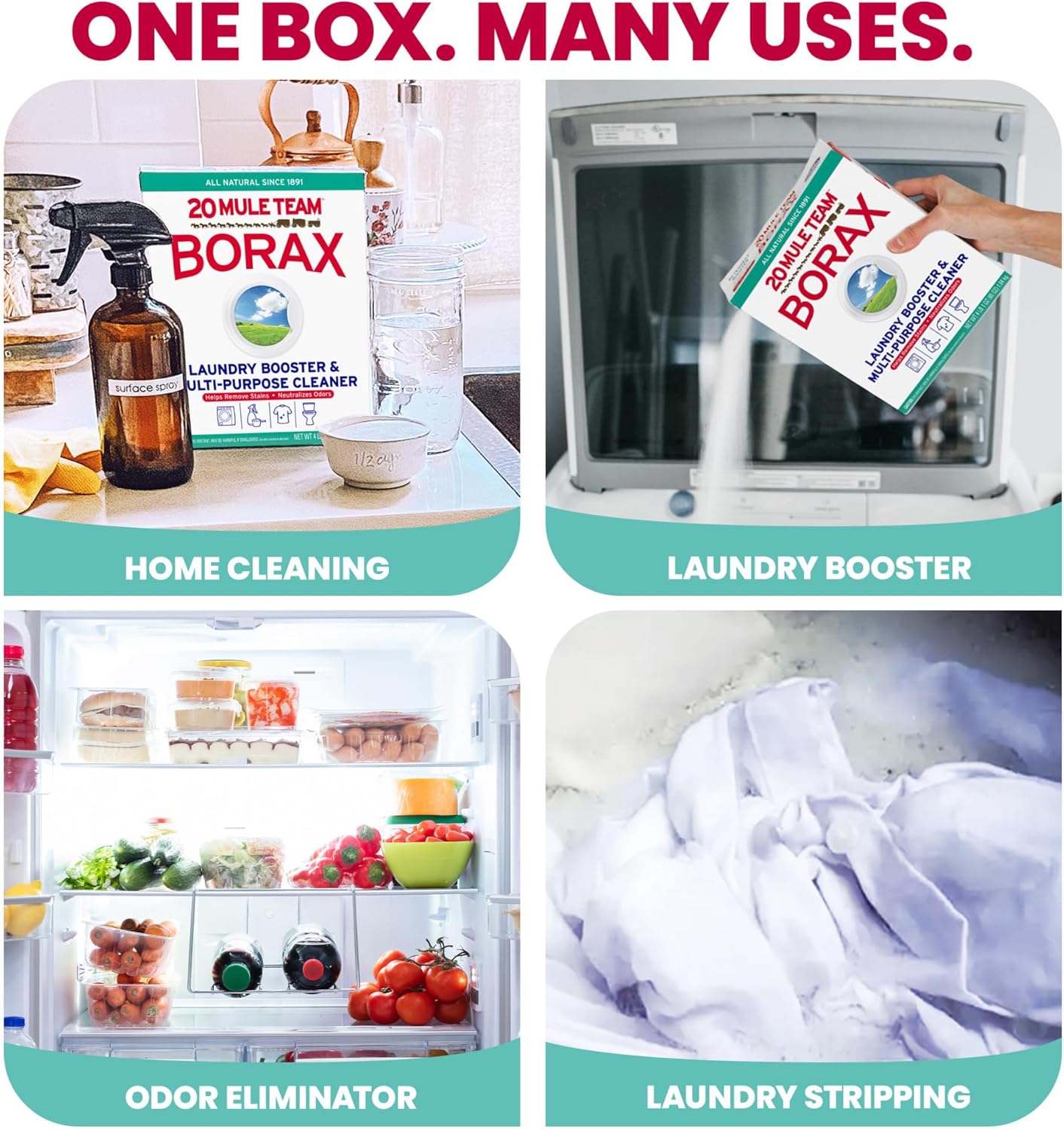 20 MULE TEAM Borax Powder, 65 Ounce, 4 Count, All Natural Laundry Booster & Multi-Purpose Household Cleaner for Kitchen and Bathroom, Stain & Odor Fighter, Helps Deodorize & Freshen