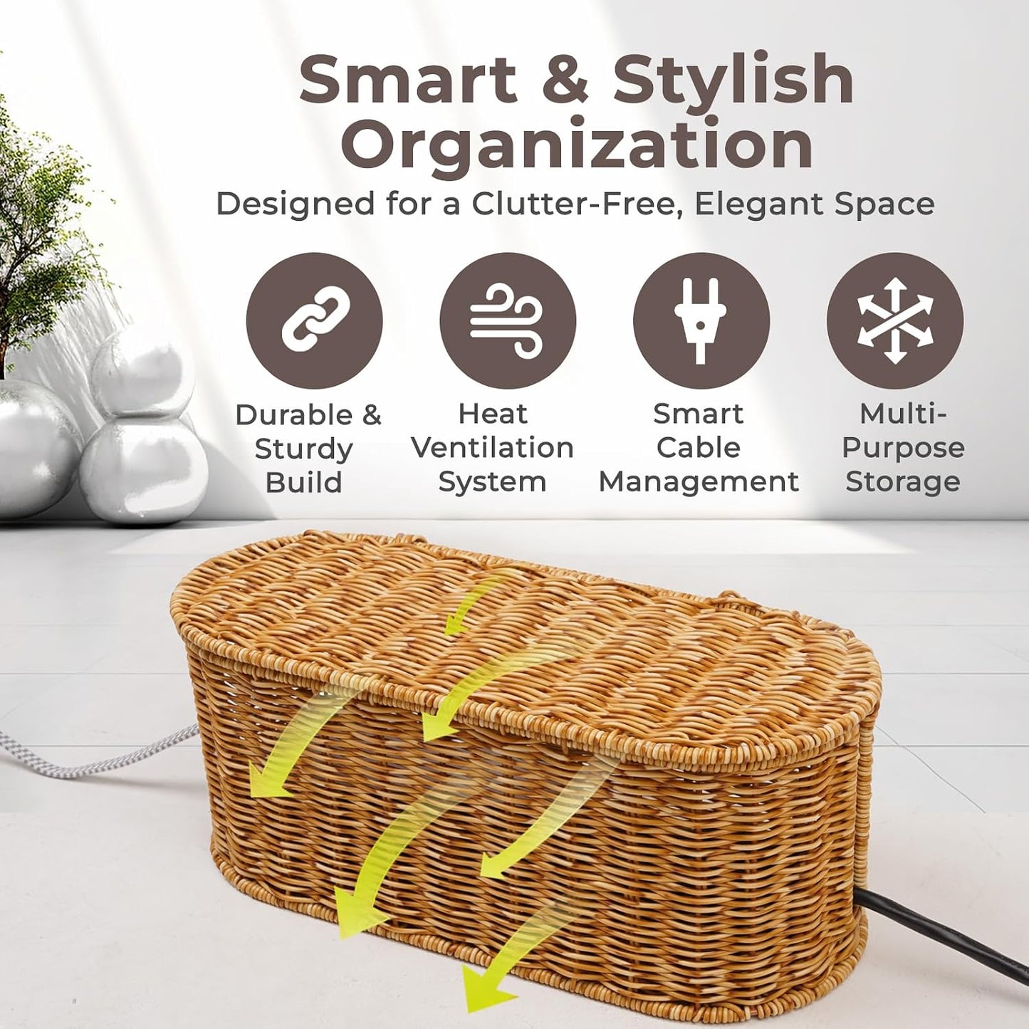 Cable Management Box, Handmade Rattan Cord Organizer for Power Strip | Large Oval Cord Hider with Open Slots for Power Strip, Router & USB Hub