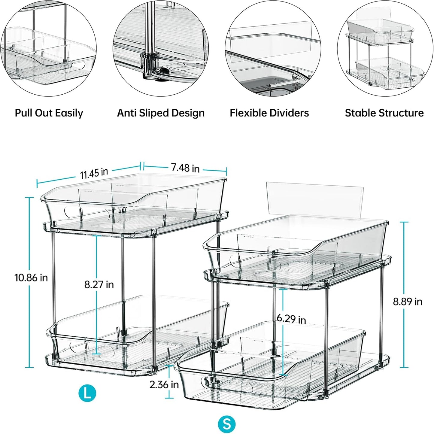 Delamu 2-Tier Under Sink Organizers and Storage, Multi-Purpose Stackable Bathroom Cabinet organizers, Pull Out Kitchen Pantry Organization and Storage with Dividers(2 Pack, Grey)