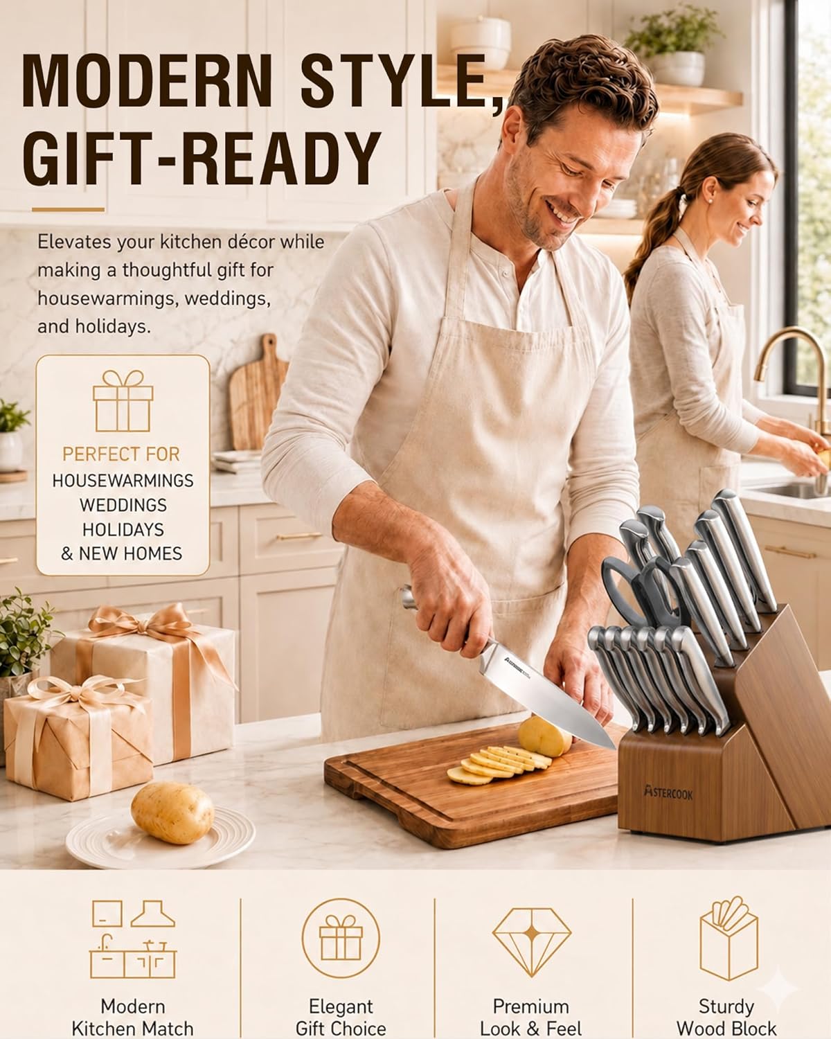 Astercook Knife Set, 15 Piece German Steel Kitchen Knife Set with Built-in Sharpener, One-Piece Knife Block Set Rust-Resistant Dishwasher Safe Block Knives Set for Cooking & Gift (Walnut Brown)
