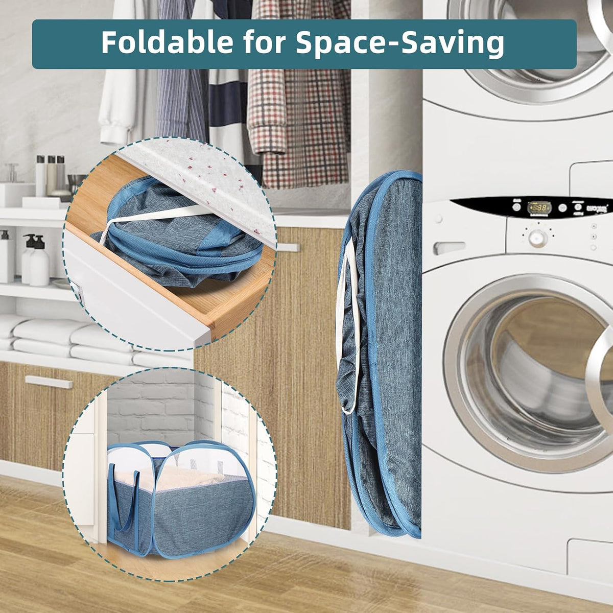 2 Pack Collapsible Laundry Baskets, 90L Large Foldable Laundry Basket, Pop Up Hampers for Laundry, Dirty Clothes Laundry Hamper for Bedroom, Bathroom, Dorm, Laundry Room, Travel or Camping Blue