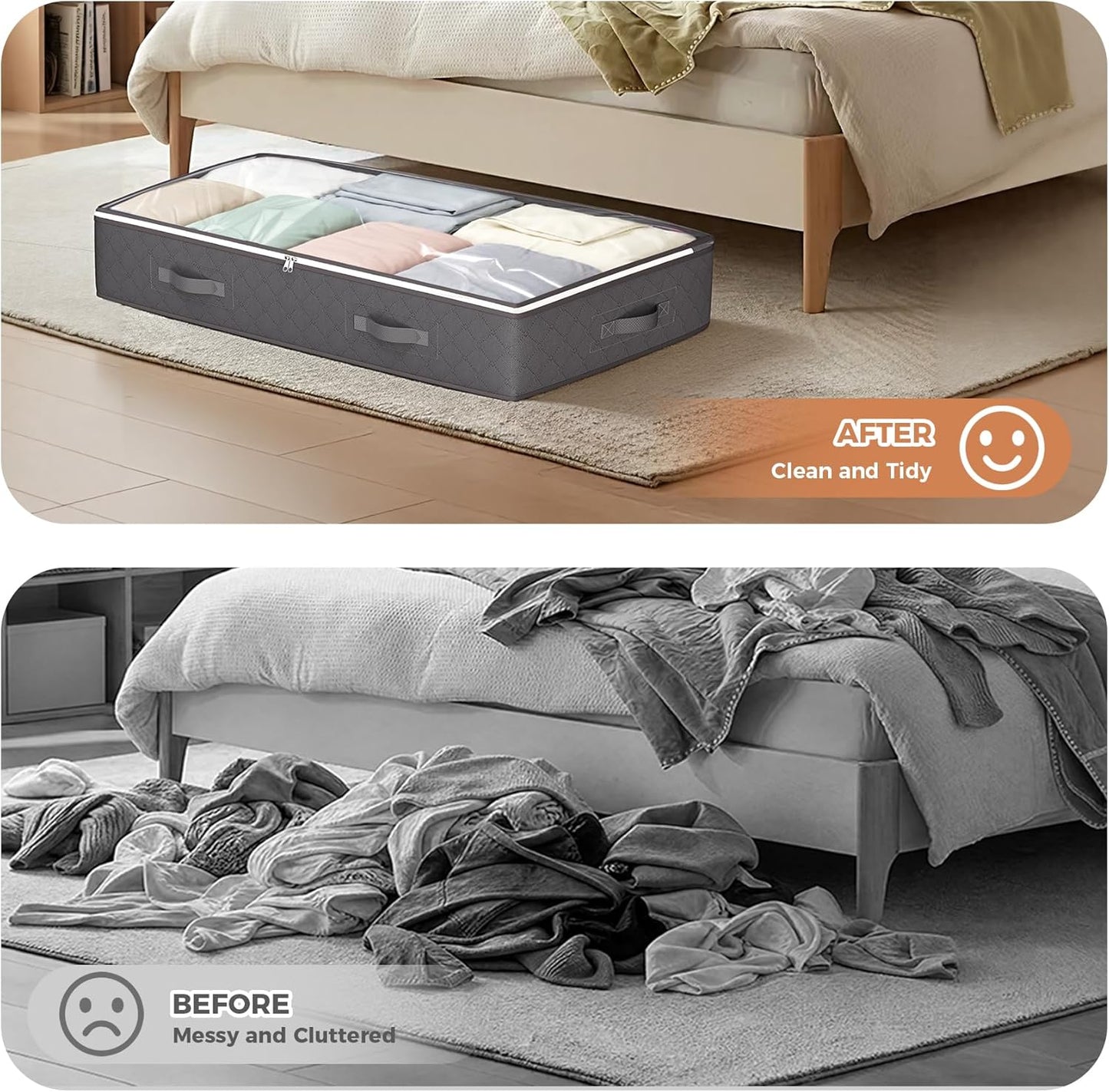 Budding Joy 90L Under Bed Storage Containers, Closet Organizers and Storage Bins, Foldable Underbed Storage Bags for Linen Sheets, Blanket, Clothing, Comforter, Sweaters, Pillows, Wrapping Paper, Grey