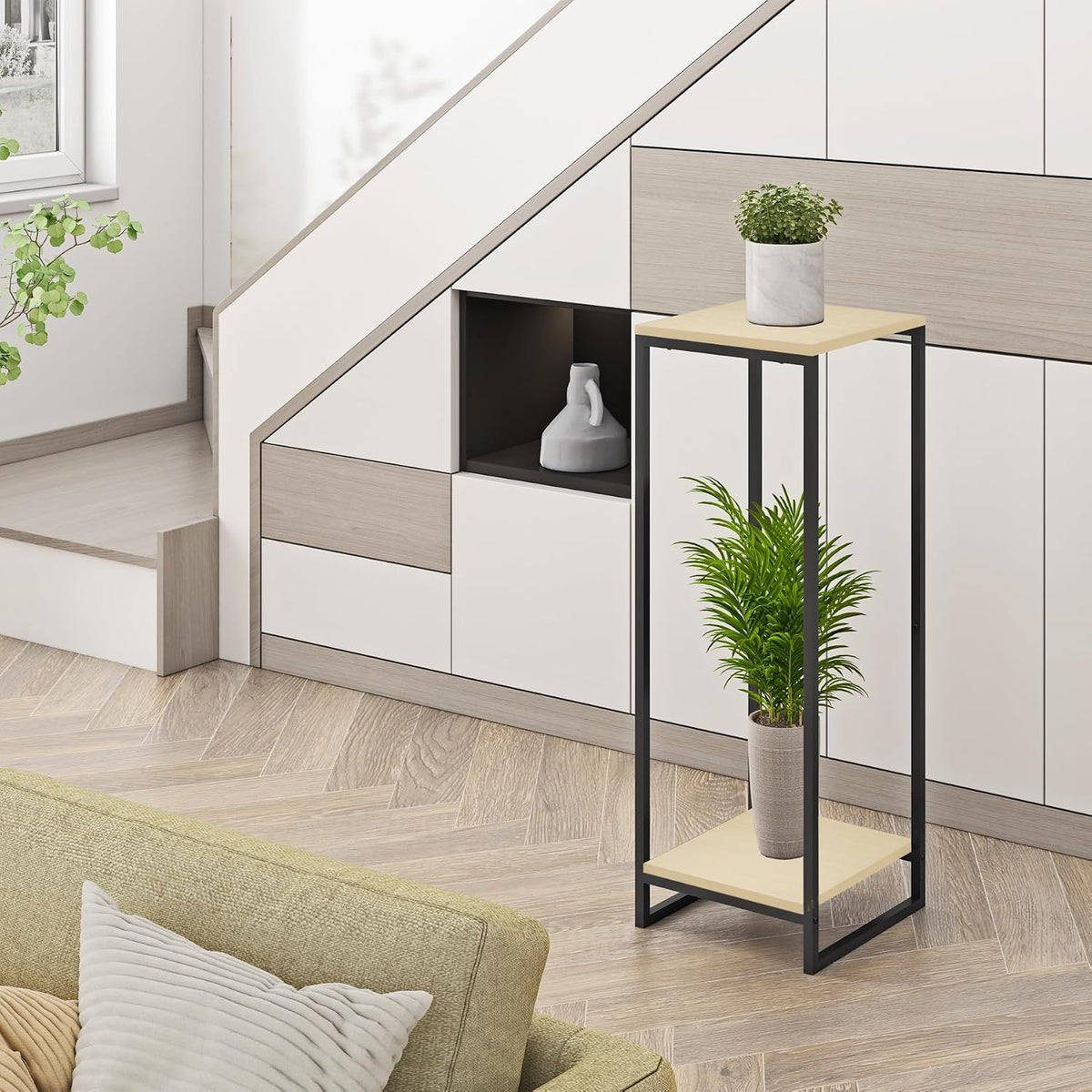 34" Tall 2-Tier Corner Plant Stand Indoor, Light Oak