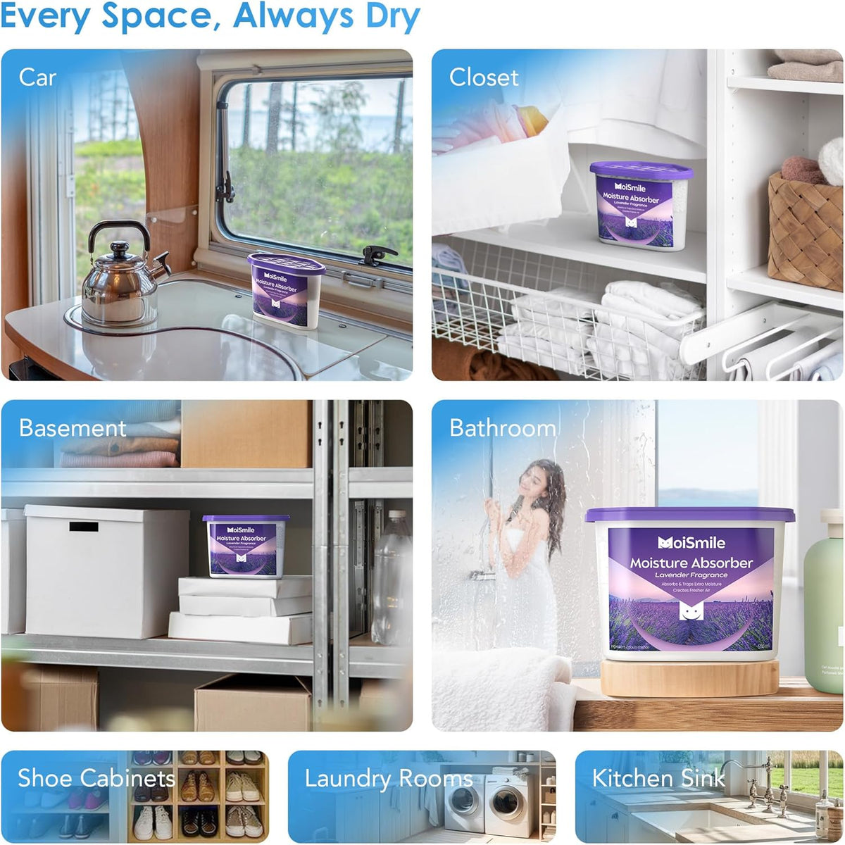 Moisture Absorbers, Fast Acting Lavender Scent Humidity Absorber & Odor Eliminator for Closet, Bathroom, Basement, Car & RV, 3 Pack