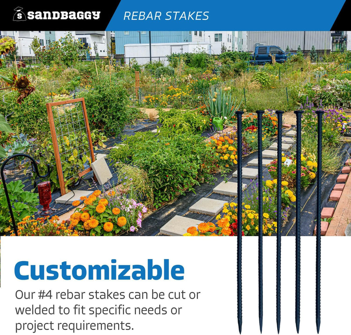 Sandbaggy 48" Steel Rebar Stakes with Nail Head - Garden Stakes (#4 Rebar - 1/2" Diameter) - l-Shape - Ground Stake, Pins, Landscaping Spikes, Construction (10, Count)