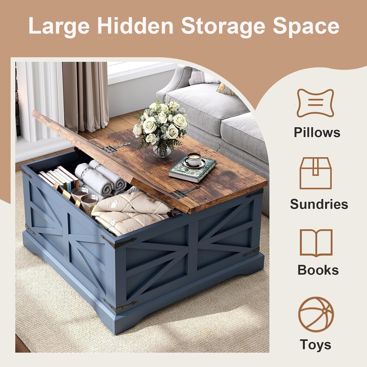 MXV Farmhouse Coffee Table with Storage, Square Coffee Tables for Living Room, Rustic Wood Center Table with Hinged Lifting Tabletop for Home, Blue