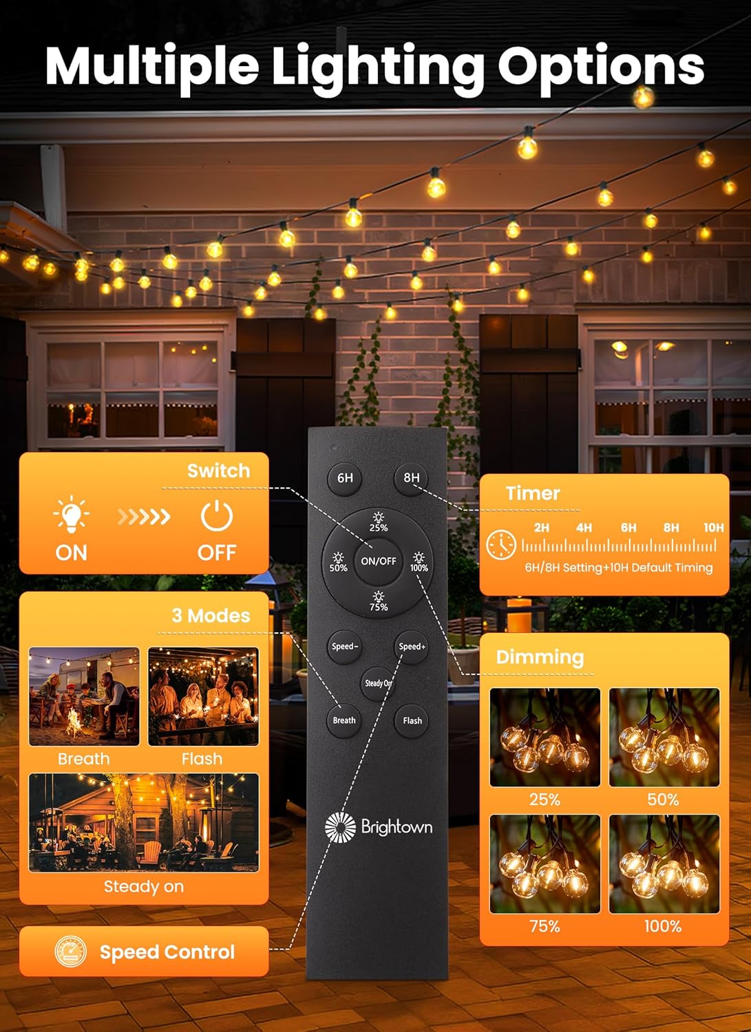 Brightown 108FT 52LED Solar String Lights Outdoor with Remote & USB Port, Shatterproof Bulbs, Dimmable & Timable, 3 Modes, Patio Lights Solar Powered with Mount Clips for Camping Backyard Garden Decor