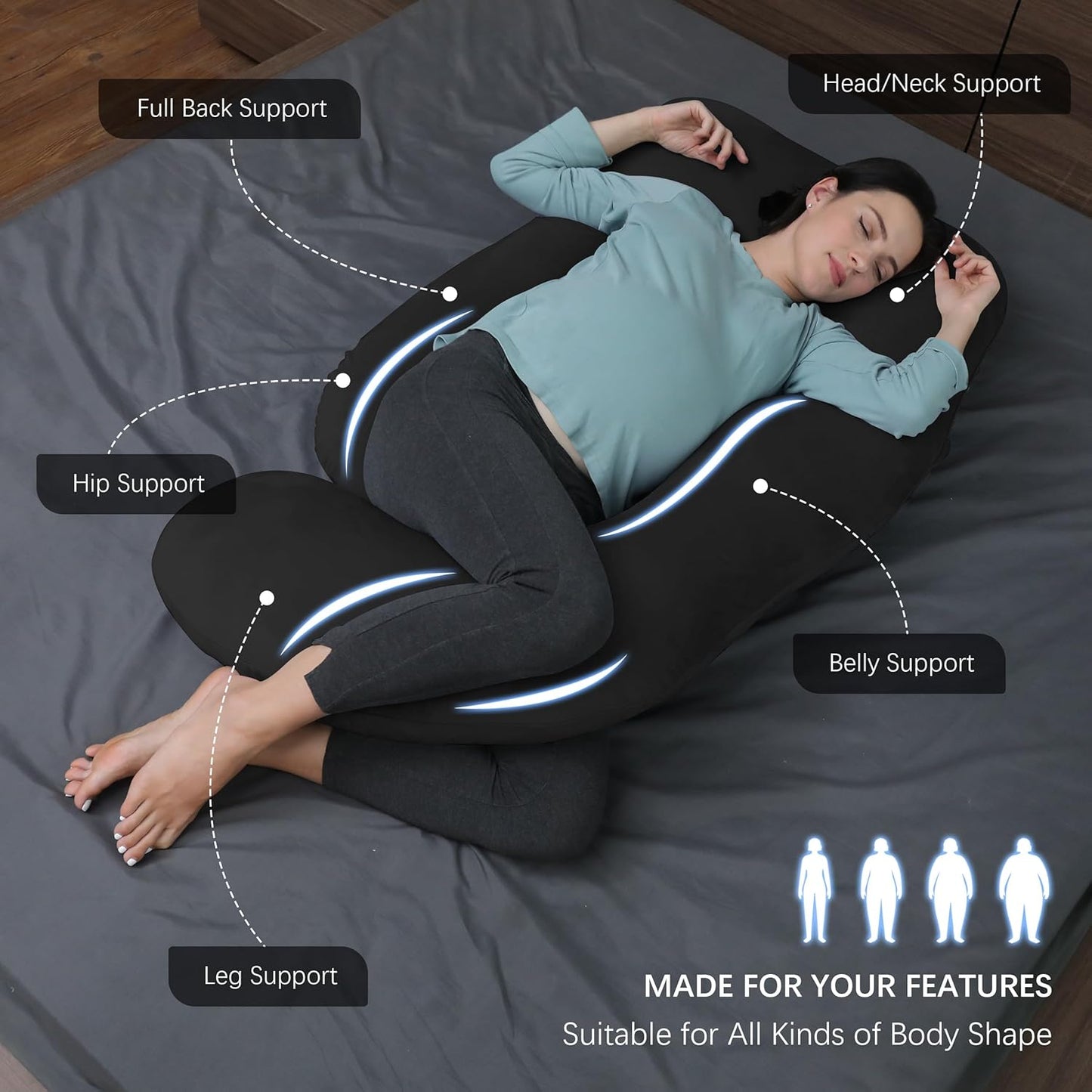 MOON PARK Pregnancy Pillows for Sleeping - U Shaped Full Body Maternity Pillow with Removable Cover - Support for Back, Legs, Belly, Hips - 57 Inch Pregnancy Pillow for Women - Black