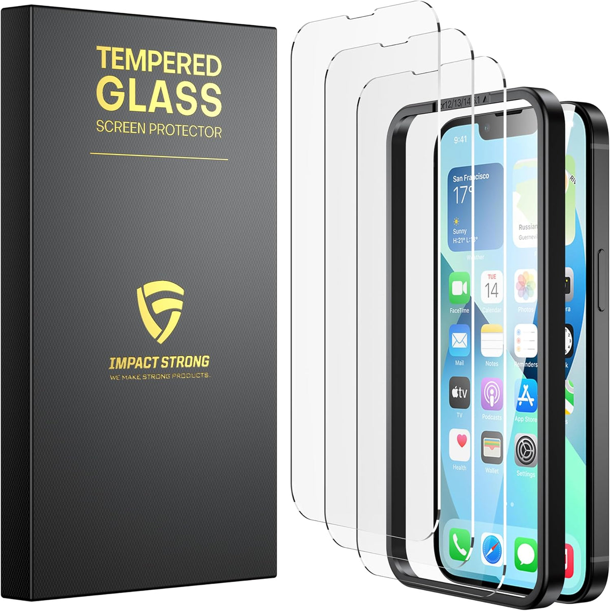 ImpactStrong 3-Pack Shatterproof Tempered Glass Screen Protector for iPhone 14 Pro Max [Easy Installation Frame] [Bubble Free] [9H Hardness] [Full Coverage] Case Friendly, 6.7 Inch