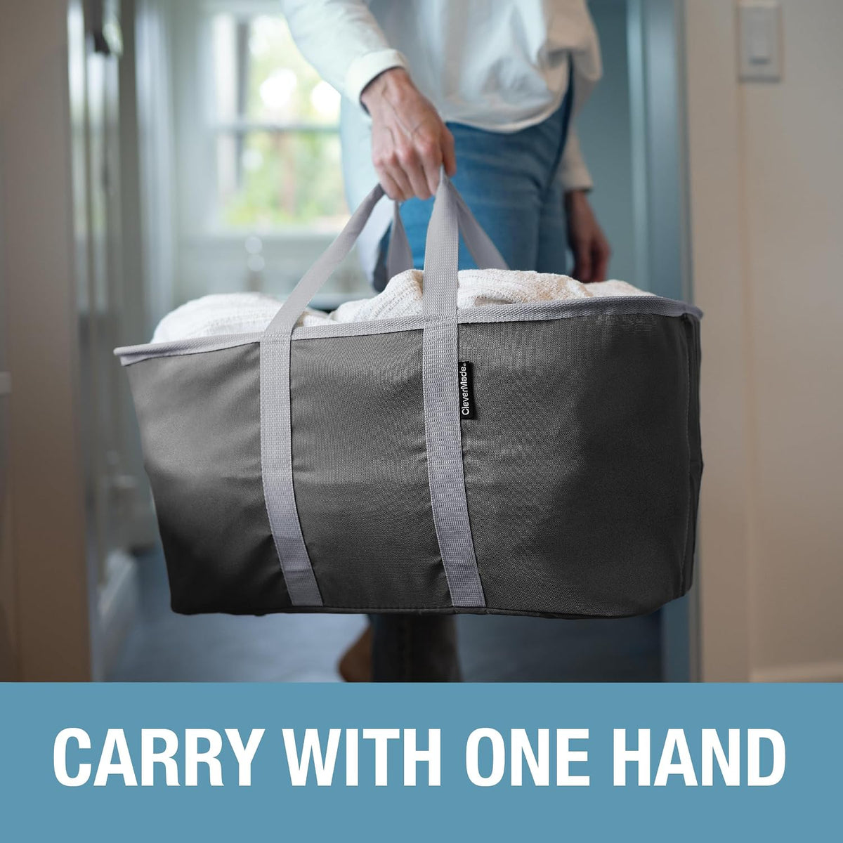 CleverMade Collapsible Laundry Tote, 50L Carry-All Tote, 2 Pack, Denim | Carry a Full Load with One Hand | Long Center Handles Balance 55 lb, While the Steel Rim Holds Shape and Folds Flat