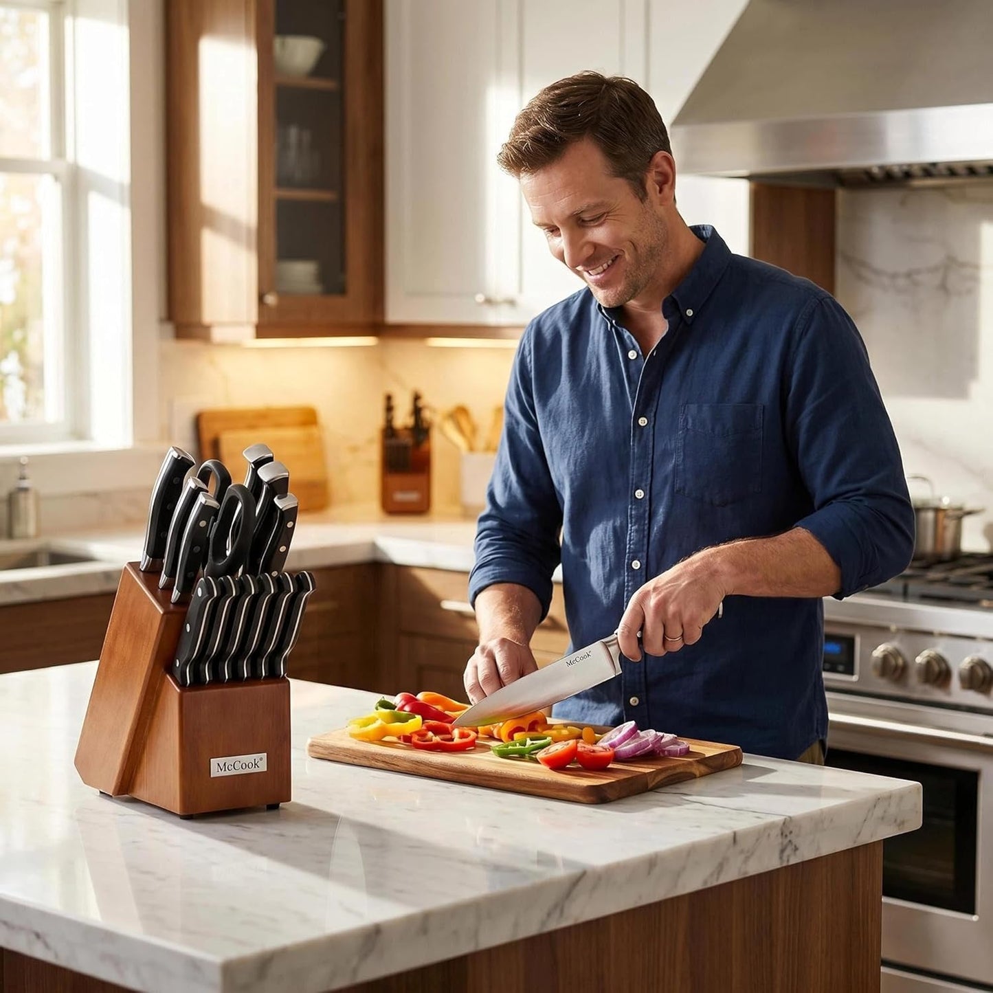 McCook® Knife Sets, German Stainless Steel Kitchen Knives Set with Built-in Sharpener and Wooden Block