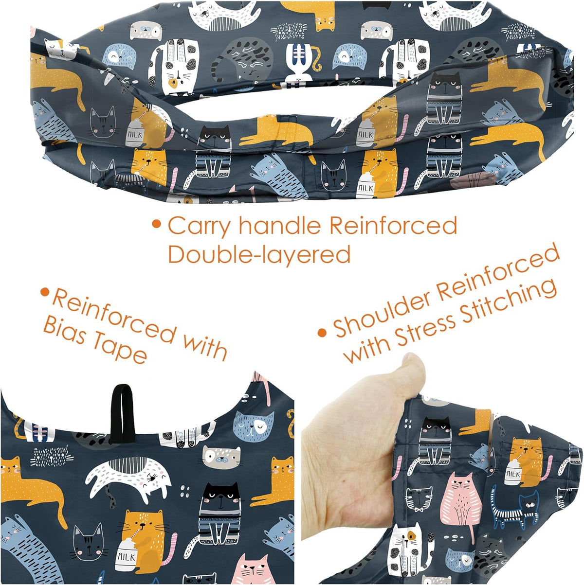 BeeGreen 6 Pack Cats Reusable Grocery Bags Gifts for Cat Lovers with Elastic Band Reusable Shopping Bags Bulk 50LBS X-Large Foldable-Machine Washable-Heavy Duty