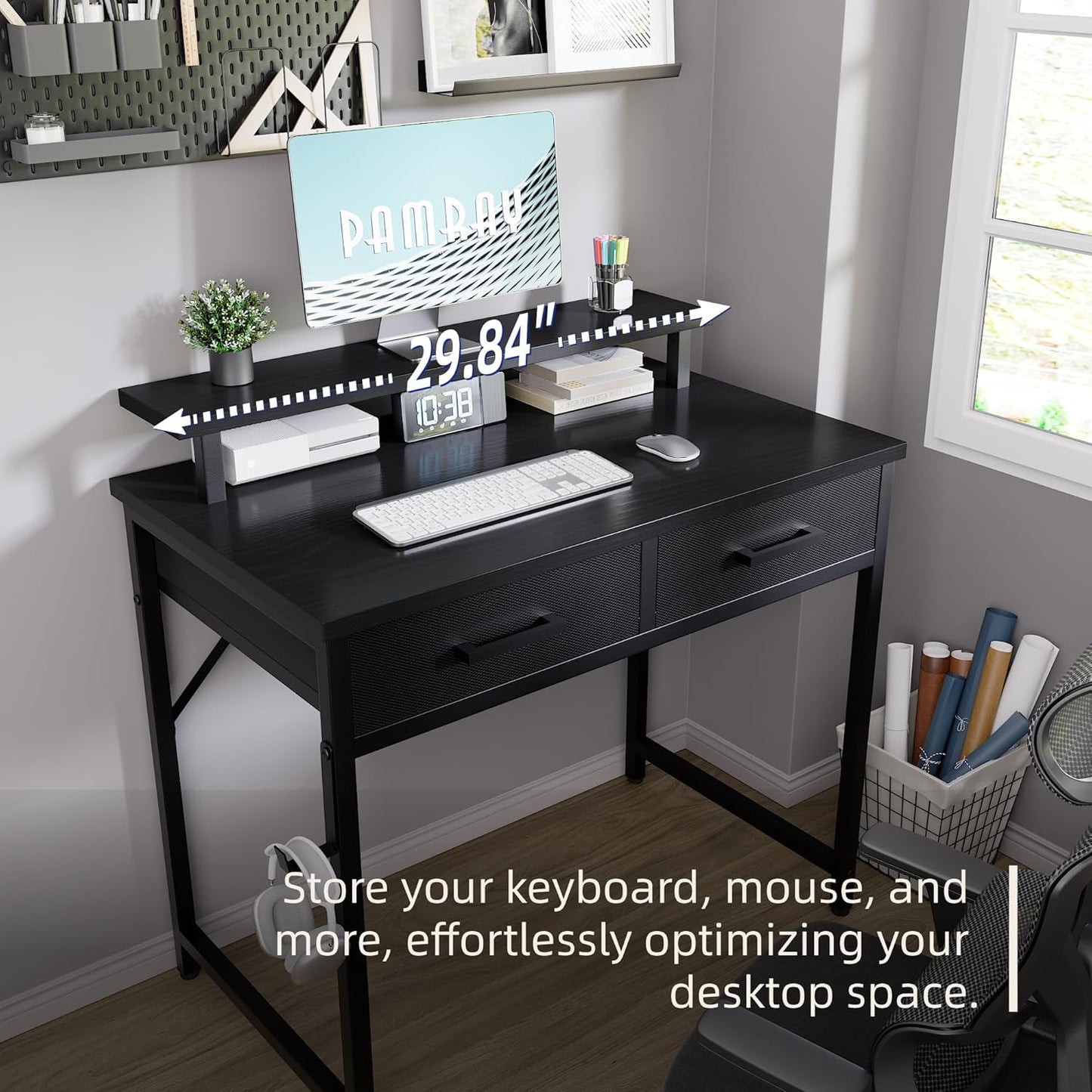 Pamray 32 Inch Small Computer Desk with Monitor Stand Home Office Desks with 2 Drawers for Bedroom Study Writing and Work Table for Small Spaces Pink