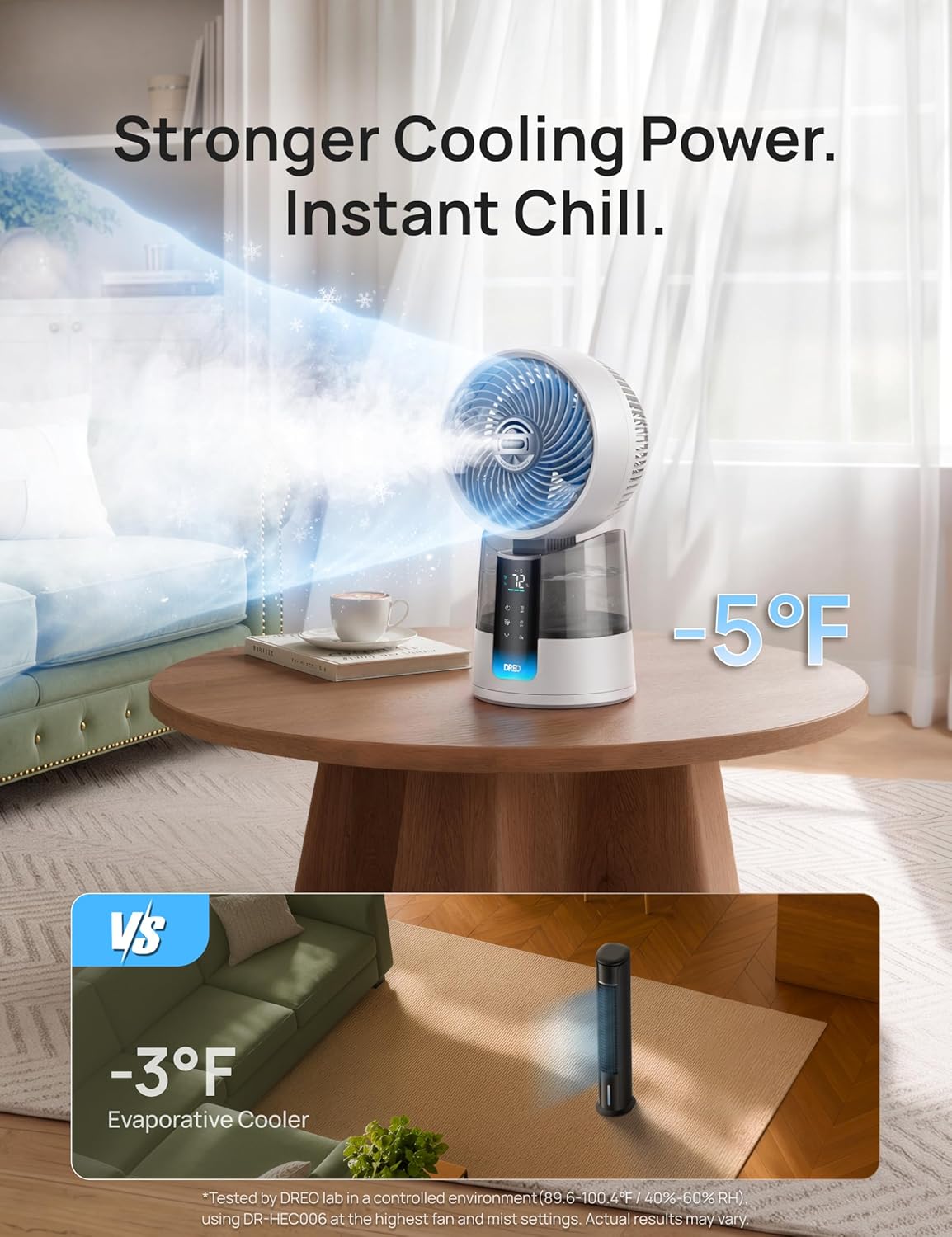 DREO TurboCool Misting Fan 516, 5℉ Drop Cooling Fans that Blow Cold Air, 150°+30° Omni-directional Oscillating, Evaporative air cooler, 26 ft/s Wind, Ultrafine Mist, 20dB 6 Speeds 2 Modes, White
