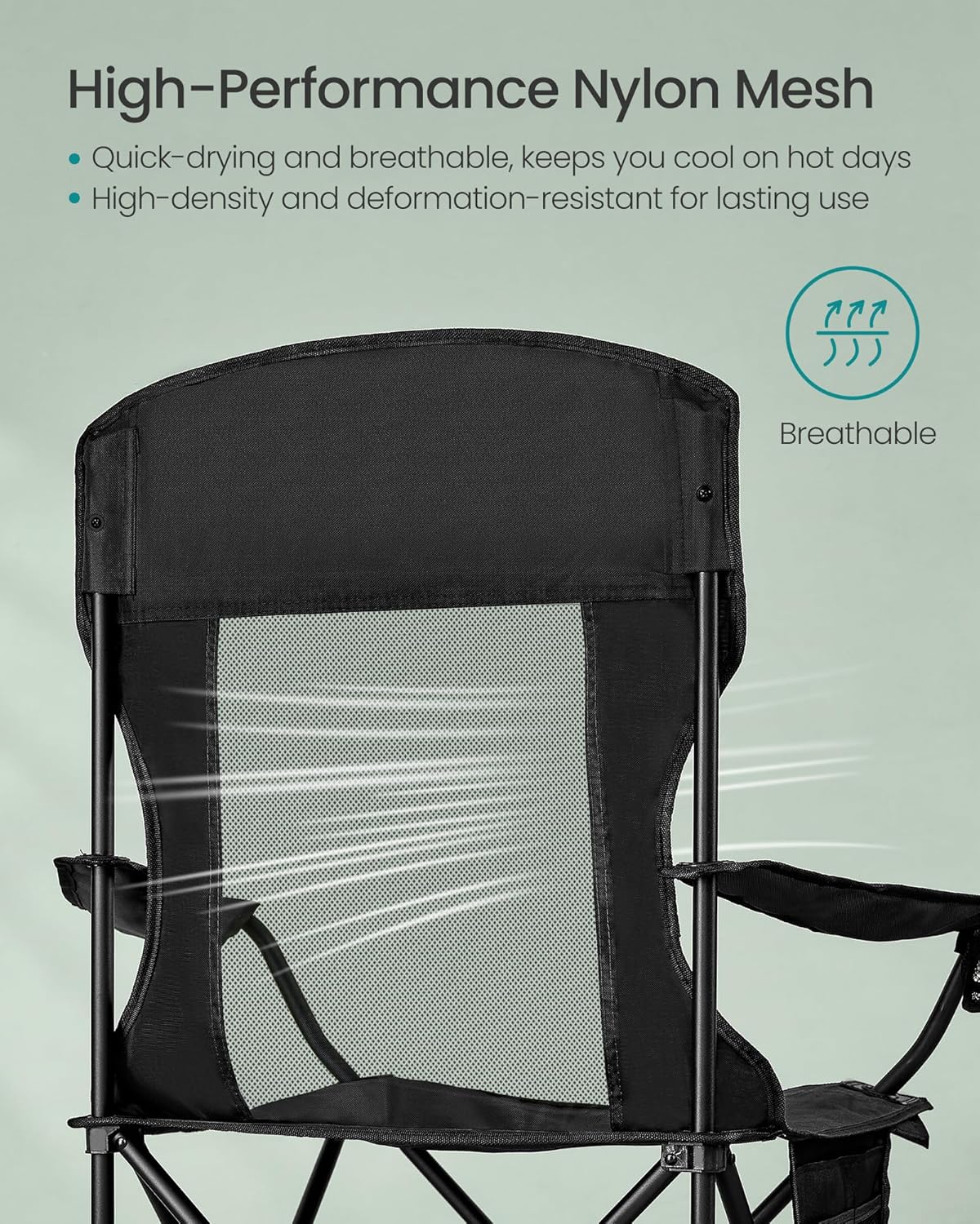 SONGMICS 2 Pack Breathable Camping Chairs, 330 lb Capacity Foldable Outdoor Chairs, High Back, Adjustable Armrests & Cup Holder, for Sports Garden Backyard, Ink Black UGCB028B02