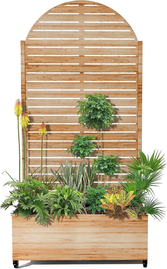15.7"×70.9"×35.4" Metal Raised Garden Bed with Trellis and Wheels - Tall Trellis Planter Box for Climbing Plants, Vegetables & Vines - Outdoor Privacy Planters for Patio (Acacia Wood Grain-Louvered)