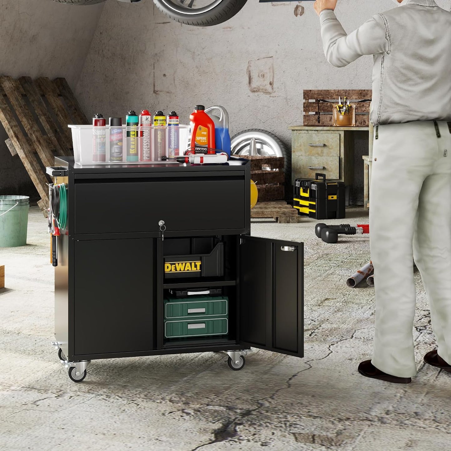 Aobabo Metal Garage Cabinet on Wheels with 1 Drawer,Assembly Required | 18.11"D x 30.31"W x 35.43"H with pegboard, 4 hooks, lockable drawer and doors, adjustable shelf, handle, and 4 casters