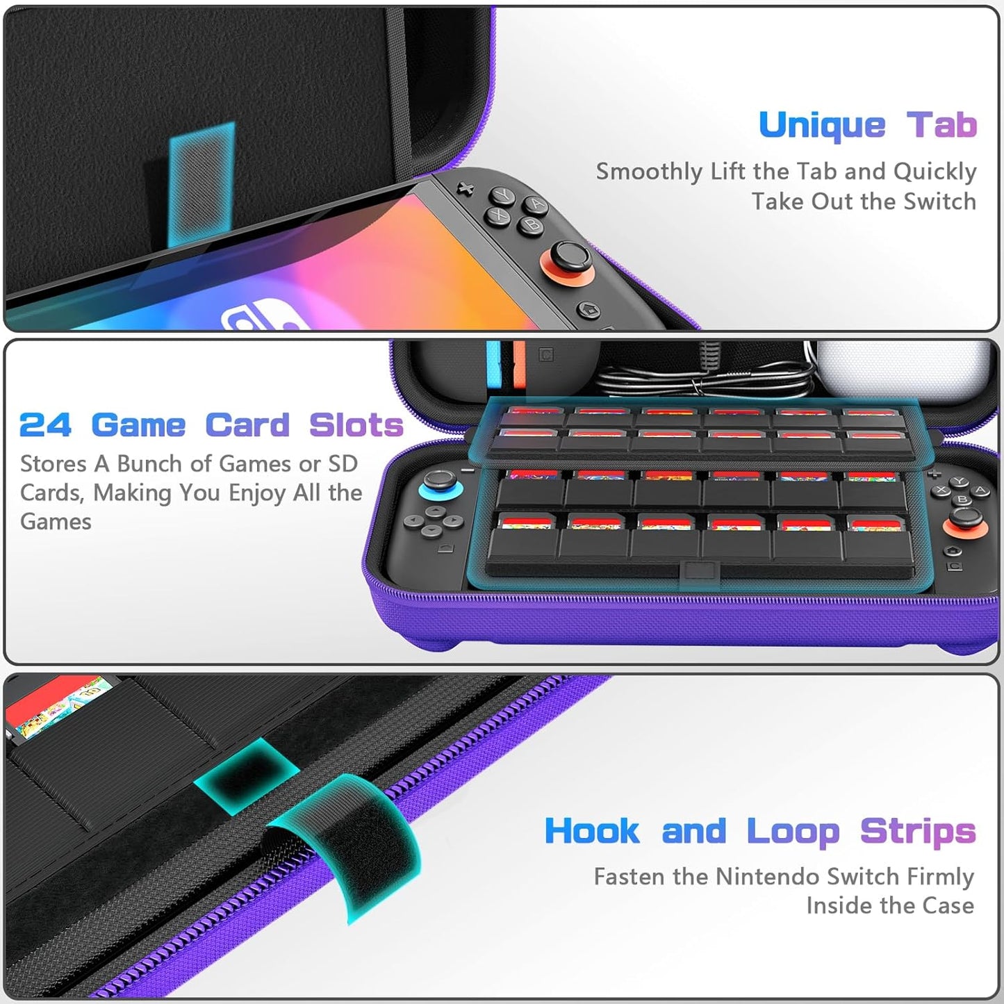 daydayup Switch Carrying Case Compatible with Nintendo Switch 2, with 24 Games Cartridges Protective Hard Shell Travel Carrying Pouch DS Case Purple