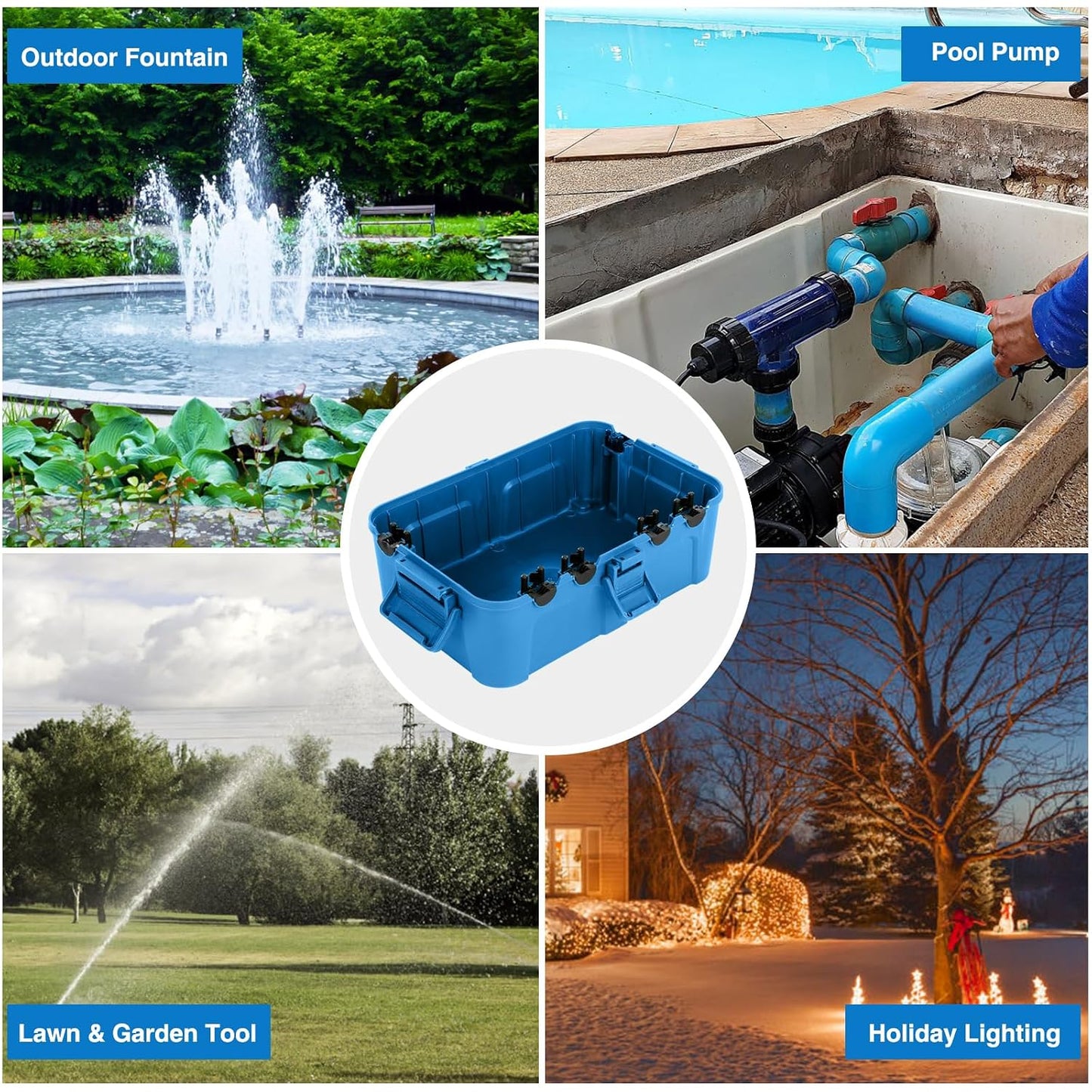 Flemoon Large Outdoor Electrical Box, Waterproof Extension Cord Cover | Inner Size 12 x 7.4 x 3.9 Inch, 6 Cable Entry Ports, IP54 Weatherproof Connection Box for Outlet, Timer, Holiday Light, Blue